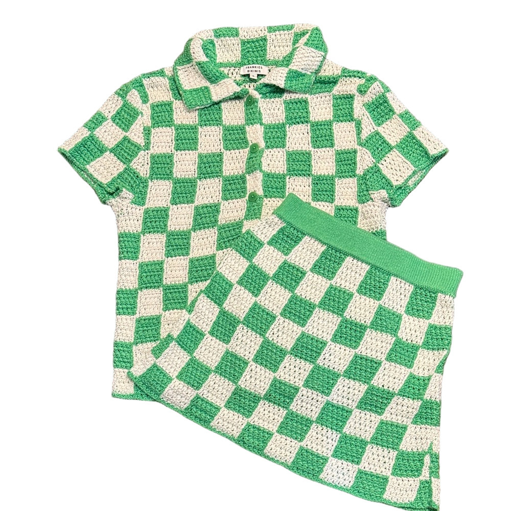 Frankie's Bikinis Green and White Checkered Coverup Set